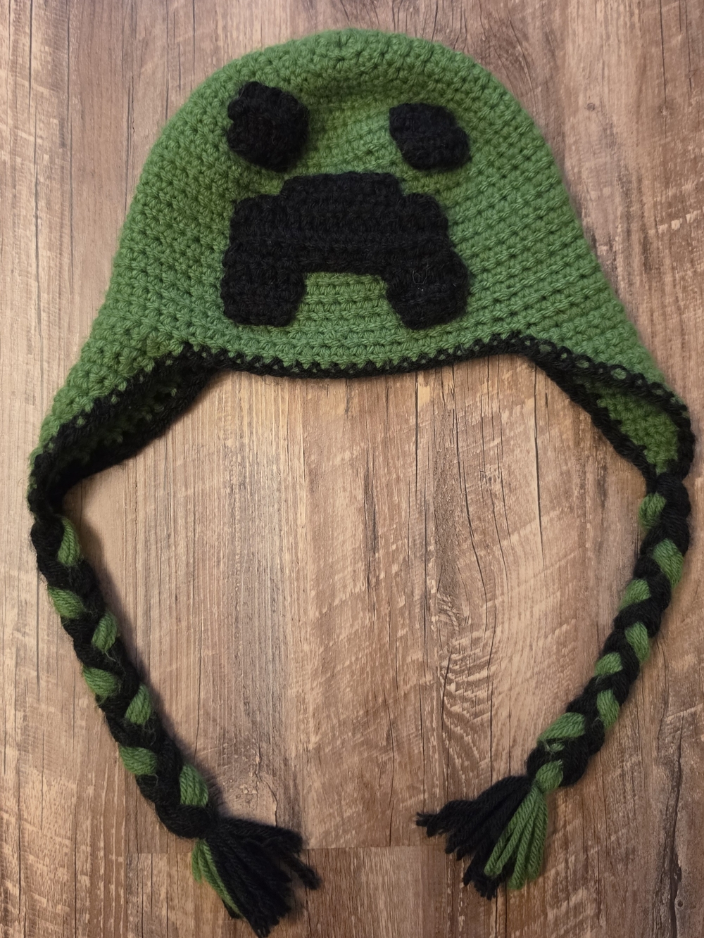 Handmade Crochet Minecraft Creeper Earflap Beanie Hat with Braids – Toddler Size